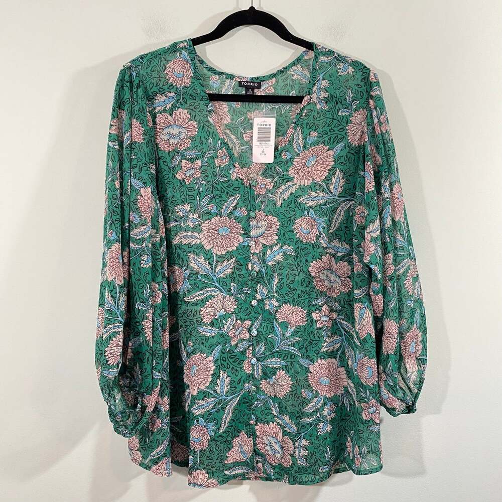 Torrid Women's Green Floral Chiffon Balloon Sleeve Blouse Size 3 NWT